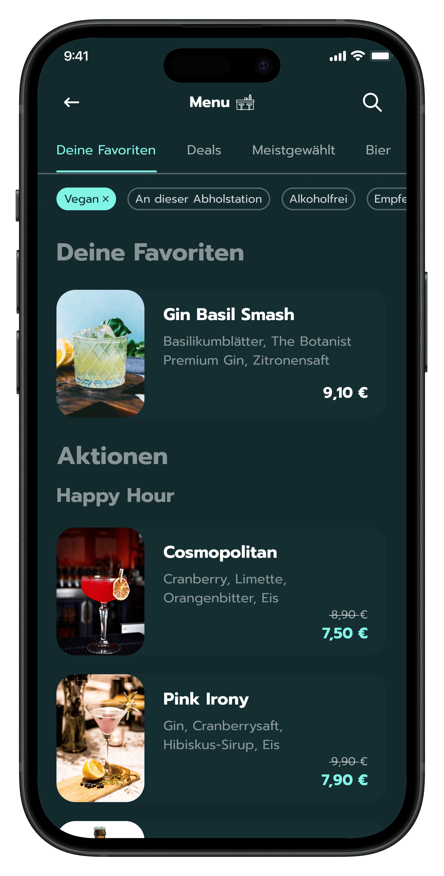 Valooba App - Menü mit Favoriten