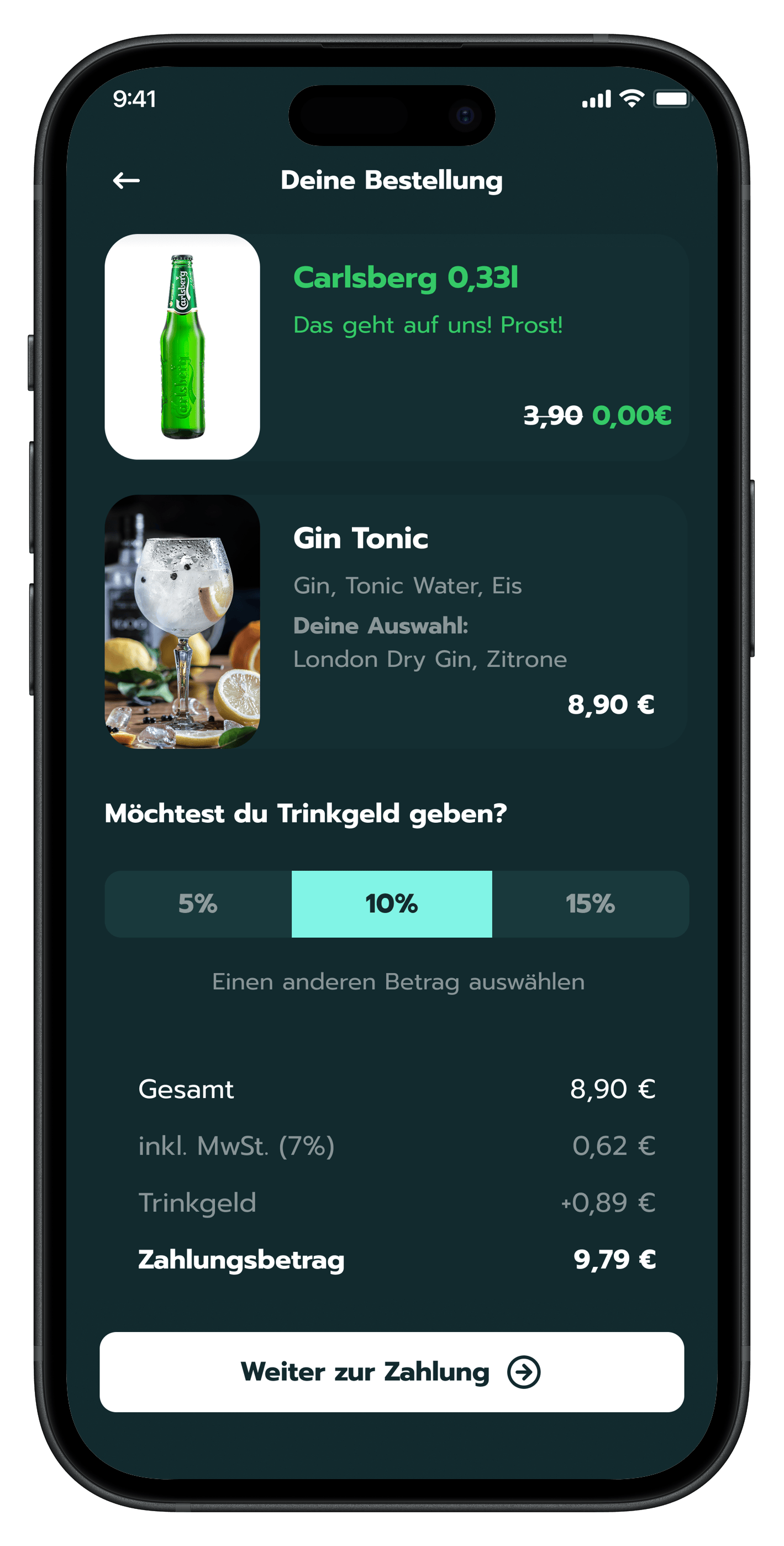 Valooba App - Bestellung mit Trinkgeld